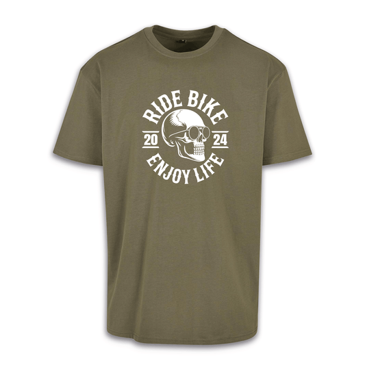 RIDE BIKE ENJOY LIFE Front - Olive/Weiß Oversize Shirt
